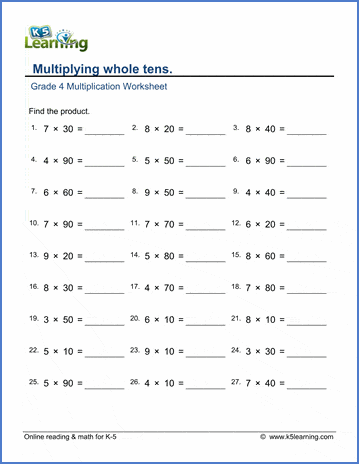 Grade 4 Multiplication Worksheets Multiplying Whole Tens