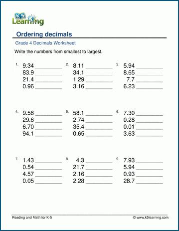 ordering decimals 1 2 digits worksheets k5 learning