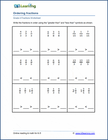 Grade 4 Fractions Worksheet ordering 3 fractions (unlike denominators)