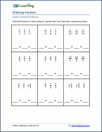 Grade 4 Math Worksheets: Ordering three fractions | K5 Learning