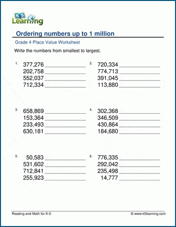Ordering numbers to 1 million worksheets