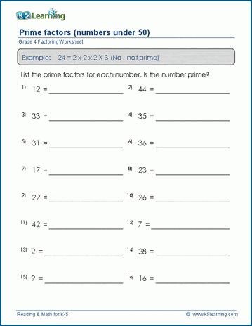 Prime factors worksheets 