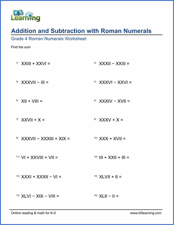 Grade 4 Math Worksheets: Adding and subtracting Roman Numerals | K5 Learning
