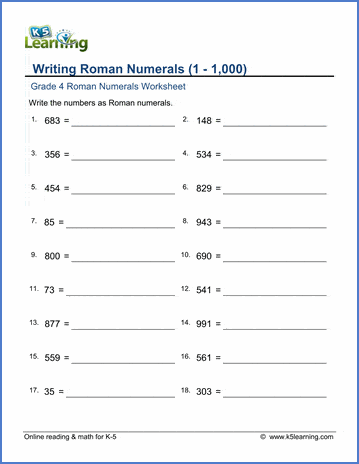 Grade 4 Roman numerals Worksheet writing Roman numerals (1-1,000)