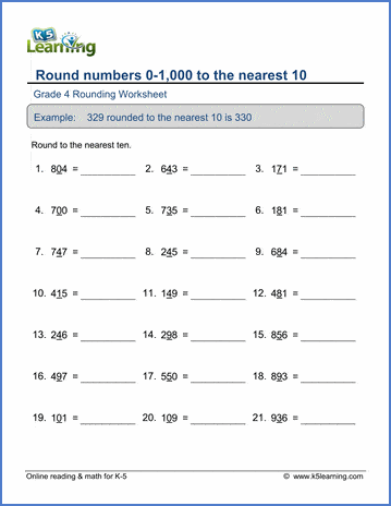 Grade 4 place value & rounding Worksheet round 3-digit numbers to the nearest 10