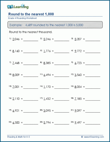 Grade 4 place value & rounding Worksheet round 4-digit numbers to the nearest 1,000