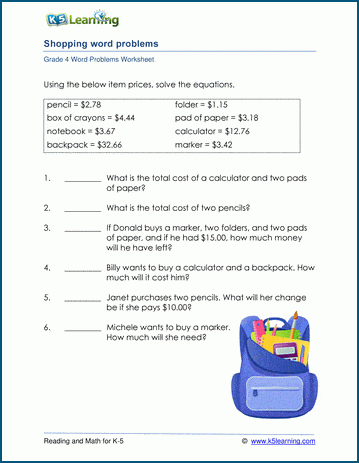 Shopping word problems worksheets 