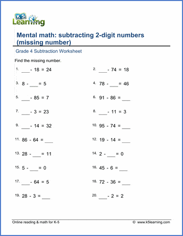 Grade 4 Subtraction Worksheet subtract 2-digit numbers (missing number)