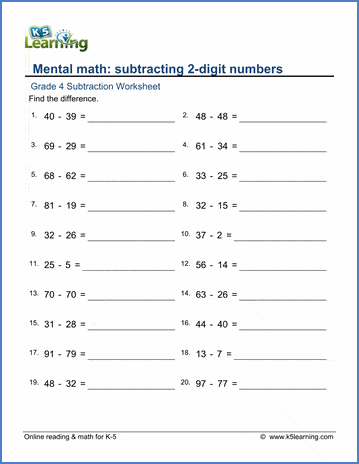 Grade 4 Subtraction Worksheet subtract 2-digit numbers