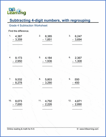 Subtract 4-digit numbers worksheets| K5 Learning