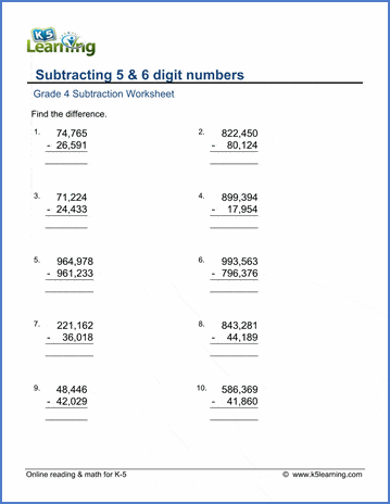 Grade 4 Subtraction Worksheet subtract 5 and 6-digit numbers