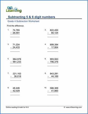 Subtraction large numbers worksheets| K5 Learning