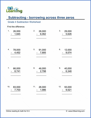 Grade 4 Subtraction Worksheet subtract - borrow across three zeroz