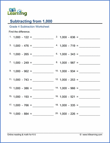Grade 4 Subtraction Worksheet subtract from 1,000