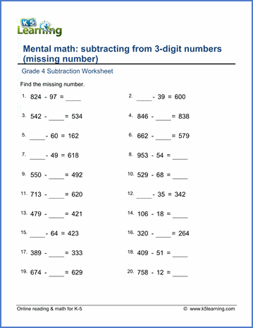 Grade 4 Subtraction Worksheet subtract from 3-digit numbers (missing number)