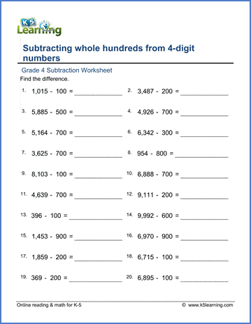 grade 4 math worksheets subtracting hundreds from 4 digit numbers k5