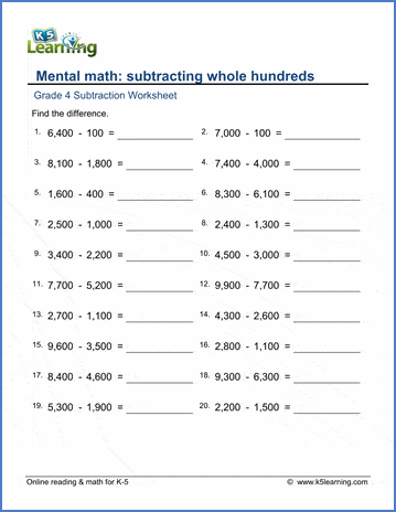 Grade 4 Subtraction Worksheet subtract whole hundreds