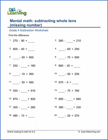 grade 4 math worksheets subtraction of whole tens missing numbers
