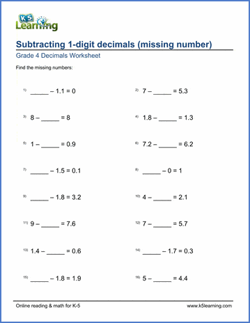 grade 4 math worksheet subtract 1 digit decimals missing numbers