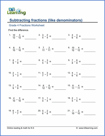 Grade 4 Math Worksheets: Subtracting like fractions | K5 Learning