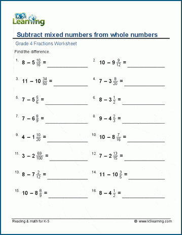 Grade 4 Fractions Worksheet subtracting mixed numbers from whole numbers 