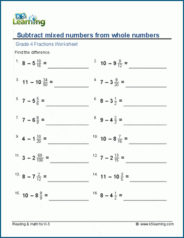 Subtract mixed numbers from whole numbers | K5 Learning
