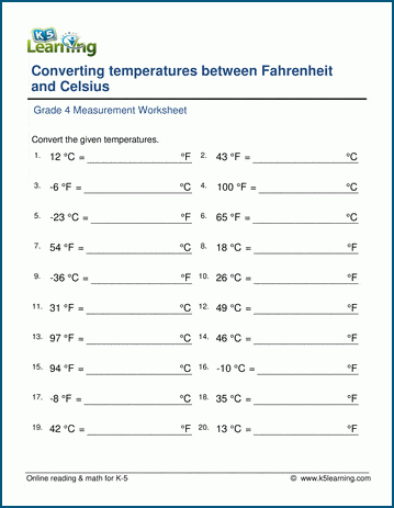 Grade 4 Temperature Worksheet: Convert between Fahrenheit and Celsius | K5  Learning