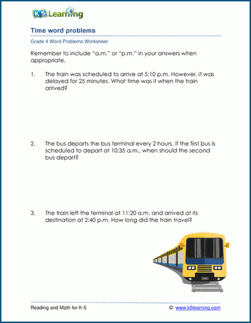 Grade 4 Word Problem Worksheet on time and elapsed time