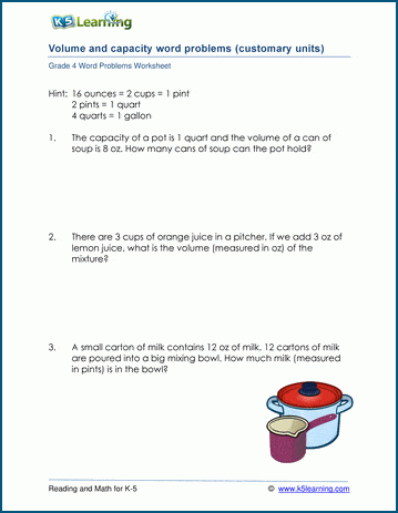 Grade 4 Word Problem Worksheet on measuring volume and capacity