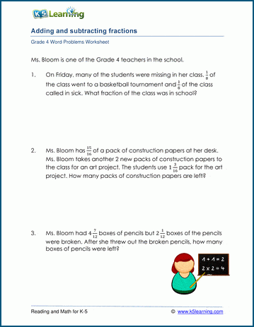 Grade 4 Word Problem Worksheet on addition and subtraction of fractions