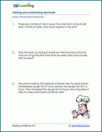 Grade 4 Word Problem Worksheets On Adding And Subtracting Decimals