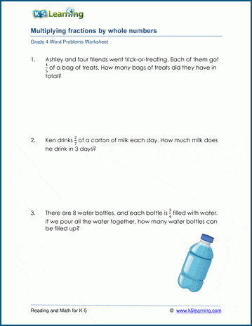 Grade 4 Word Problem Worksheet on multiplying fractions by whole numbers
