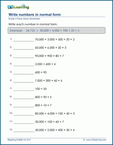 Grade 4 place value & rounding Worksheet write a 5-digit number in normal form