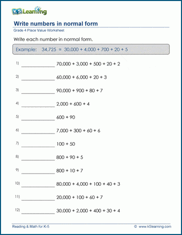 grade 4 place value worksheet write numbers in normal form k5 learning