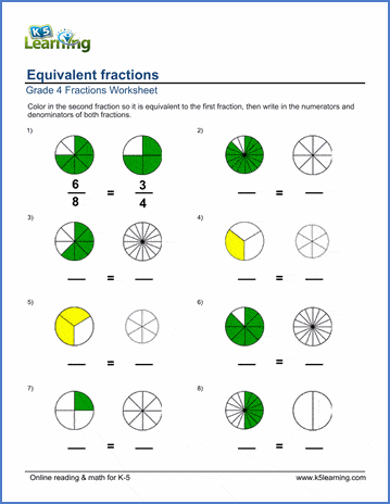 Grade 4 Fractions Worksheet color equivalent fractions
