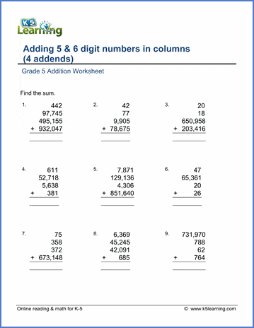 Grade 5 Addition Worksheet adding 5 and 6-digit numbers