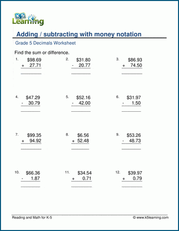Add & subtract with money notation worksheets