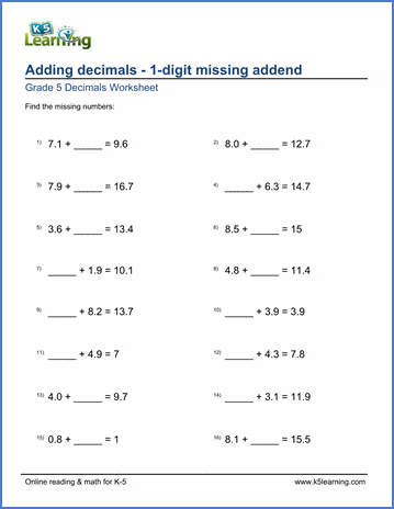 Grade 5 Decimals Worksheet adding decimals with missing 1-digit addend