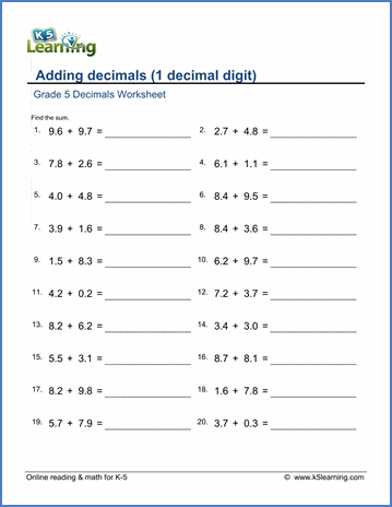 Grade 5 Decimals Worksheet adding decimals (1 decimal digit)