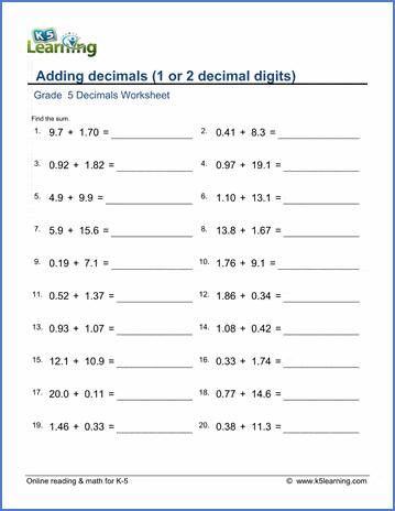 Grade 5 Decimals Worksheet adding decimals (1 or 2 decimal digits)