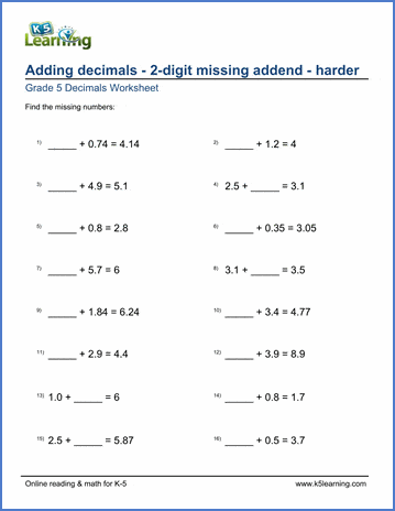 Grade 5 Decimals Worksheet adding decimals with missing 2-digit addend, a harder version