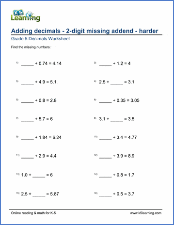 decimals worksheets missing addend problems k5 learning