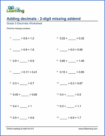 Grade 5 Decimals Worksheet adding decimals with missing 2-digit addend