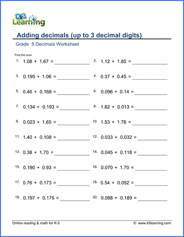 Grade 5 Decimals Worksheet adding decimals (up to 3 decimal digits)