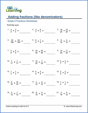 Grade 5 Fractions Worksheet adding fractions