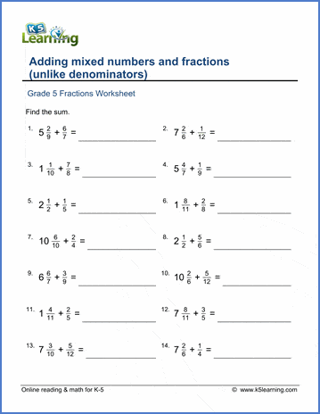 Grade 5 Worksheet: Add mixed numbers & fractions (unlike ...