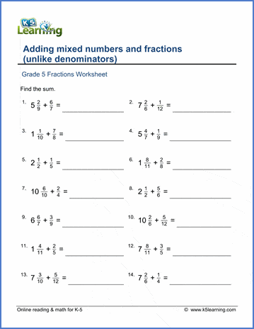 Grade 5 Worksheet: Add mixed numbers & fractions (unlike denominators) | K5  Learning