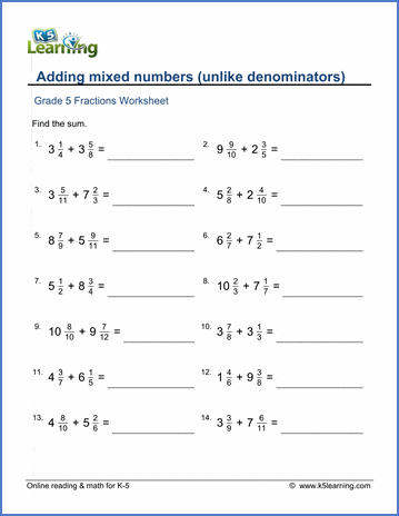 Grade 5 Fractions Worksheet: Add mixed numbers (unlike denominators) | K5  Learning