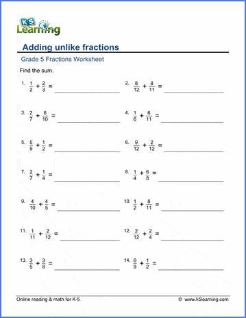 Grade 5 Fractions Worksheet adding unlike fractions