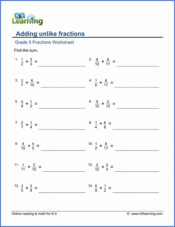 grade 5 math worksheet fractions adding unlike fractions k5 learning